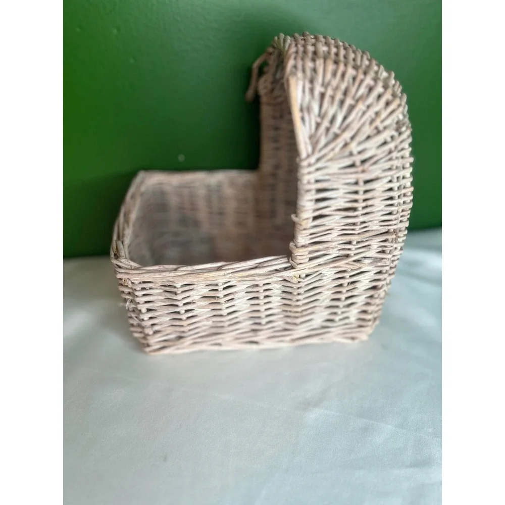 Vintage Wicker Doll Bassinet Basket Hooded Pink Whitewash Nursery Decor Prop